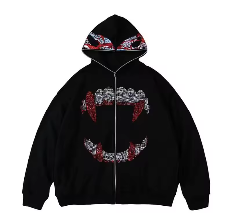 Punk Y2K Gothic Rhinestone Zip Up Hoodie Sweatshirt