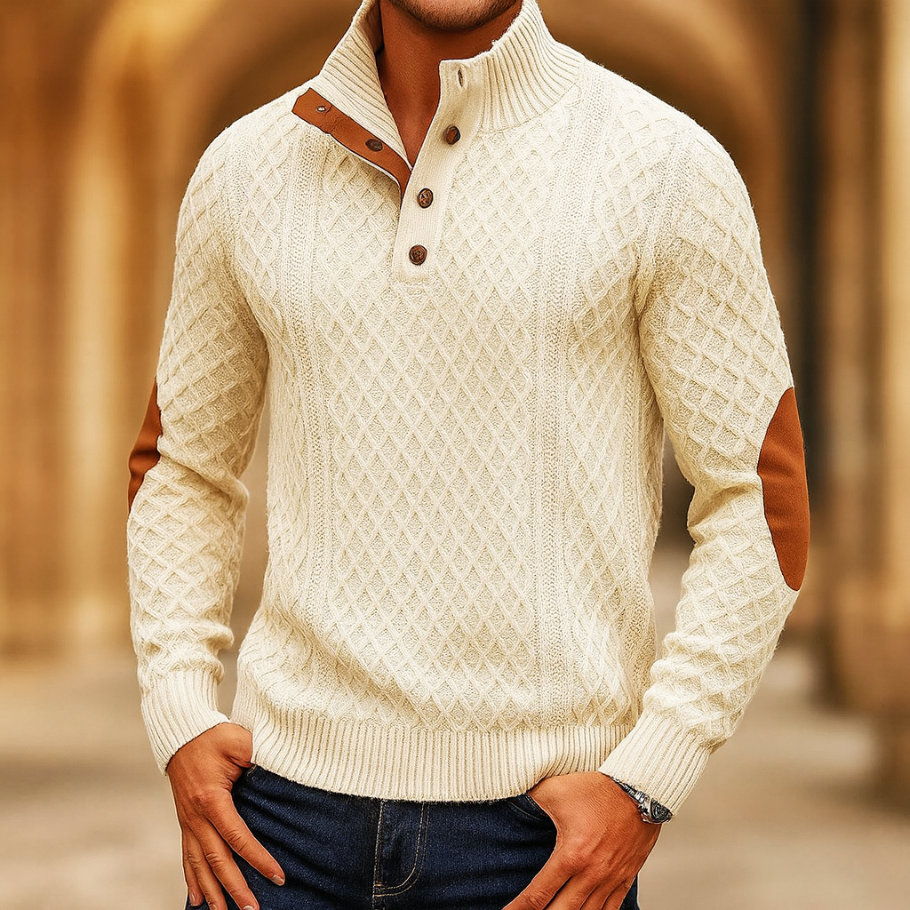 Men’s Collar Knit Sweater – Warm Jacquard Long Sleeve Pullover
