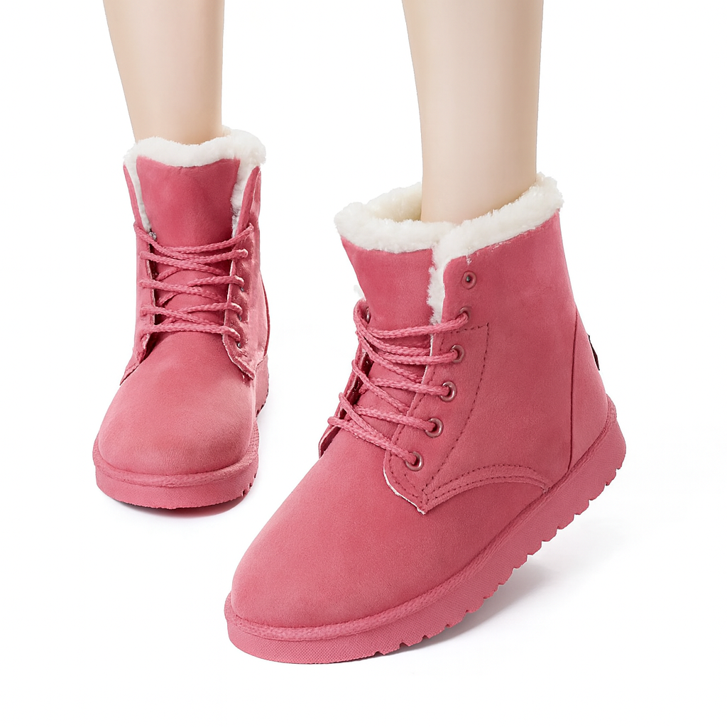 Women’s Cozy Pink Suede Winter Snow Boots – Warm Plush Lined Lace-Up Booties