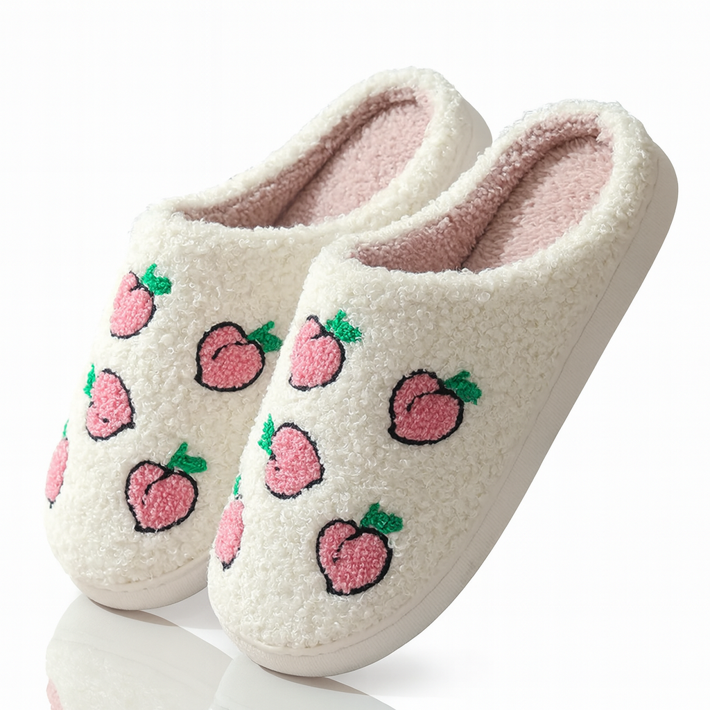 Pair of white slippers with pink peach designs on a white background