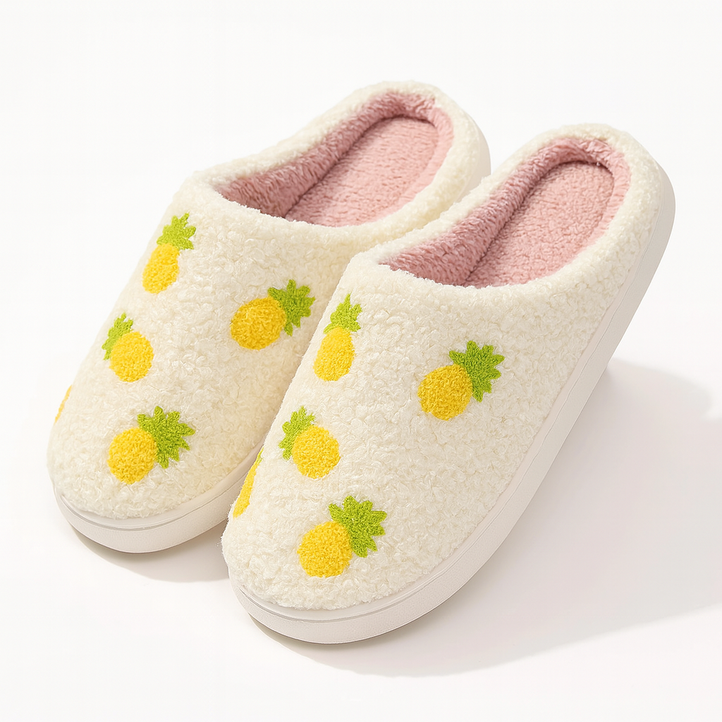 White slippers with pineapple patterns on a white background