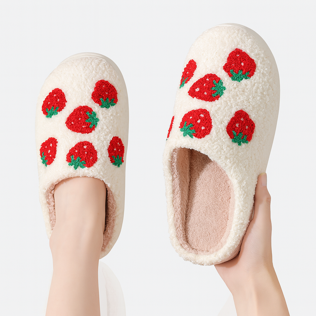 Pair of cream-colored slippers with red strawberry pattern held by a hand on a white background