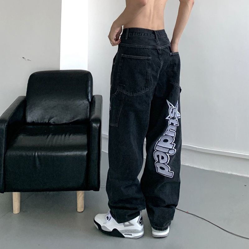 Retro Hip-Hop Embroidered Y2K Wide Leg Jeans for Couples